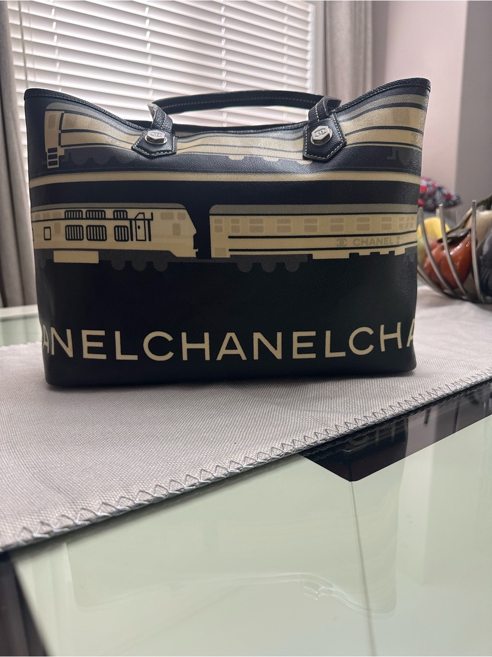 CHANEL Black and Cream Train-Print Leather Tote